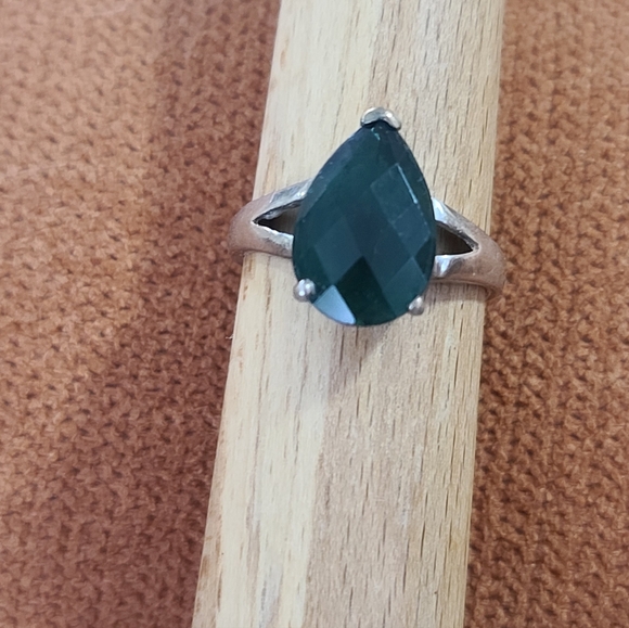 Emerald Green Teardrop Solitaire Ring, Sterling Silver Setting - Picture 9 of 11